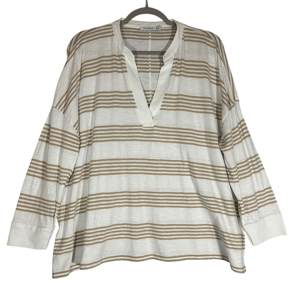 MERSEA Amelia Striped Cuffed Long Sleeve Tee Sz OS 100% Cotton Tunic Top Neutral - Picture 2 of 10